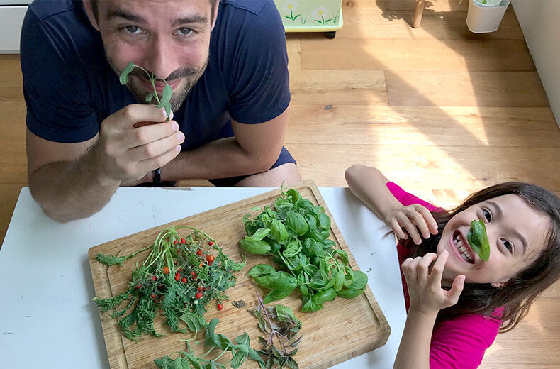Dad and child with fresh basil